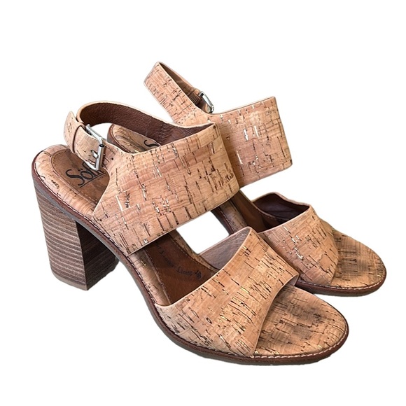 Sofft Pierz Tan Cork & Metallic Gold Chunky Heel Sandals in Gold Natural - 9.5 - Picture 3 of 16